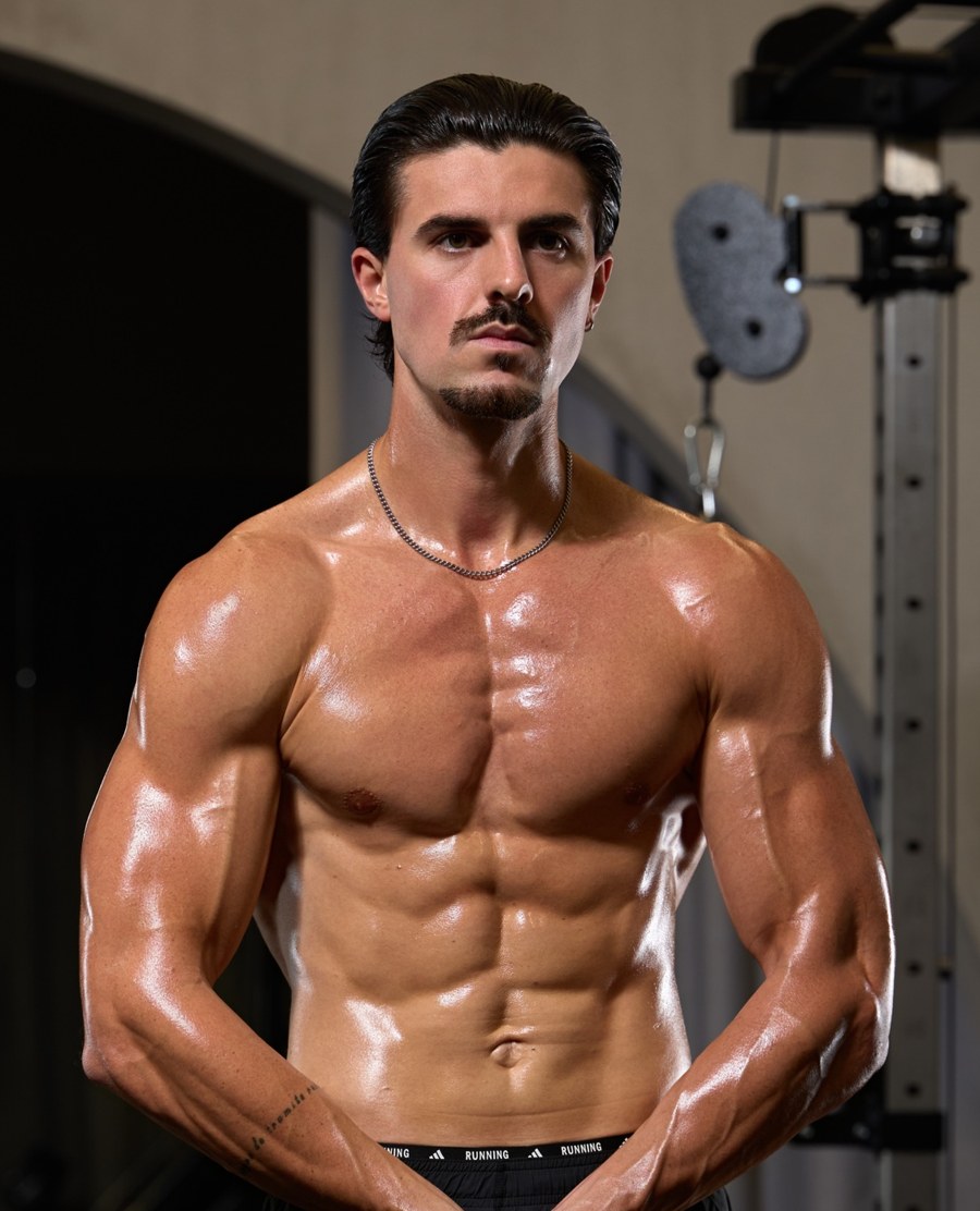 Robbie standing in the gym, front pose